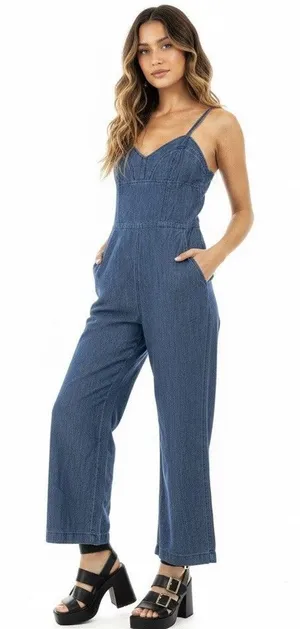 Express Womens Chambray Jumpsuit Sz 0 Boho Coastal Grandma Trouser Romper Y2k thumbnail 1