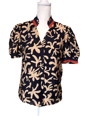 THML Puff Sleeve Blouse Black Beige‎ Abstract Print Mandarin Collar Size S thumbnail 1