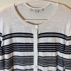 LOFT Striped Button‎ Front Cardigan Sweater Size Large White Navy thumbnail 2