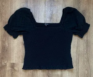 Madewell 100% Cotton Lucie‎ Puff-Sleeve Smocked Bodice Top in Black Size Small thumbnail 1