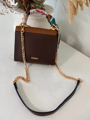 ALDO Brown Top Handle Satchel Handbag Scarf Charm Gold Chain Preppy Chic Quiet Luxury thumbnail 3