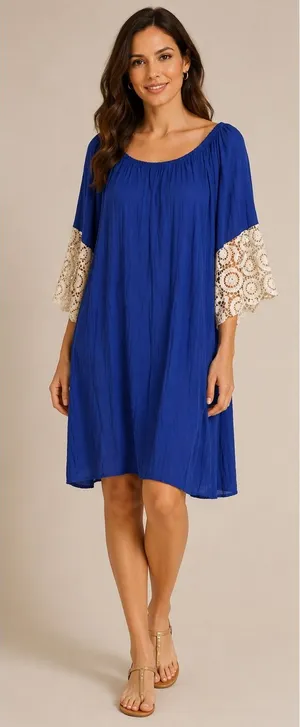 Umgee‎ Navy Shift Dress Womens XL Blue Ivory Boho Crochet Lace Sleeves thumbnail 1