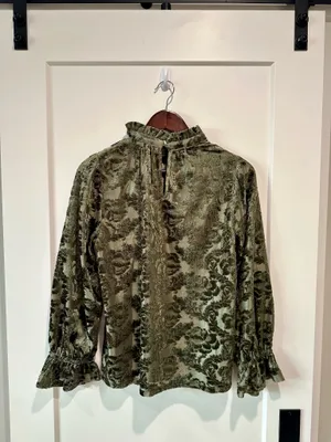 NWT Hem & Thread Olive Velvet Burnout Floral Ruffle Blouse Size S thumbnail 2