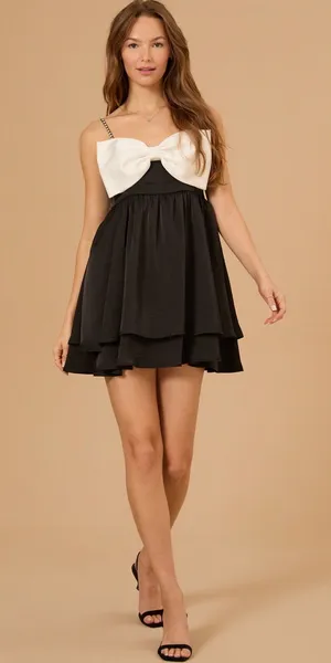 Altar'd State Stassia Black & White Satin Bow Dress thumbnail 1