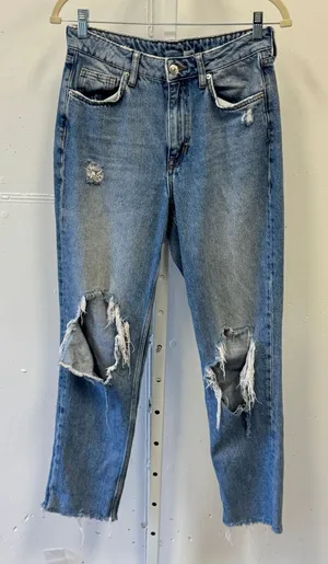 H&M Divided Womens High Waist Mom Jeans Blue Distressed Raw Hem Size 8 06116787 thumbnail 1