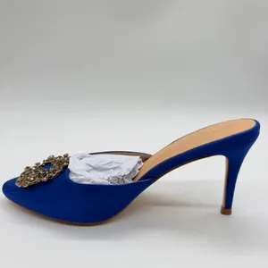 Coutgo Womens Royal Blue Satin Rhinestone Buckle Pointed Toe Mules Stiletto Sz 8 thumbnail 3