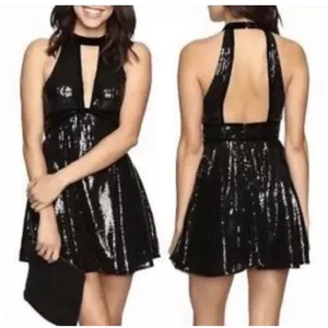 Free People Size 4 Mini Dress‎ Black "Film Noir" Sleeveless Sequins Plunge thumbnail 4