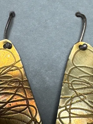 Handmade 1970s Artisan Earrings Abstract Design Brass and Sterling Silver Drop Wires thumbnail 2