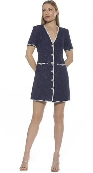 Alexia Admor HOLLY TWEED Mini DRESS Pearl & Jewel Buttons BLUE/WHITE Size 6 NEW thumbnail 1