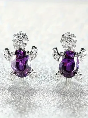 Silver Turtle Stud Earrings with Purple Gemstones thumbnail 4