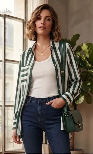 Green and White Vertical Stripe Button thumbnail 1