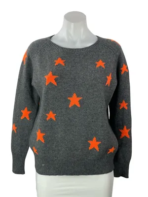 360 Cashmere Women's Gray Orange Star Knit Long Sleeve Round Sweater Top Size S thumbnail 1