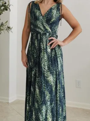 Zinzane Green Animal Print Maxi Dress Size S Deep V Tie Shoulder Resort thumbnail 3