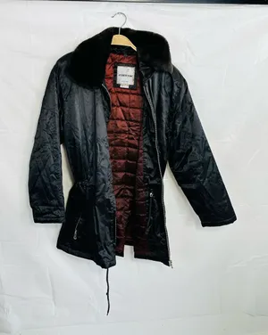 Andrew Marc Black Trench Coat with Brown Fur Collar thumbnail 1