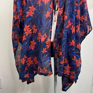 Denim & Co. Women's Beach Tie-Front Cover-Up Top Navy Blue Tropical L/XL thumbnail 5