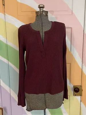 Aerie Fireside Long Sleeve Henley T-Shirt Ribbed Top in Maroon Sz XL 💕🎀 thumbnail 1