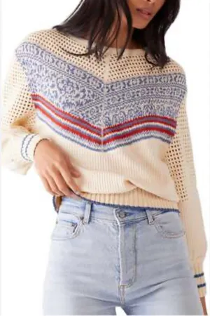Free People Geo Party pulloverCream Fair Isle Sweatshirt with Red & Blue Stripes thumbnail 1