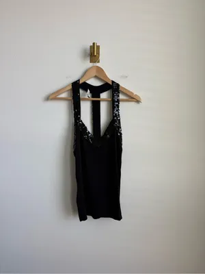 Vintage Nadine Black Sequin V Neck Sleeveless Blouse Top Y2K Size 2 thumbnail 2