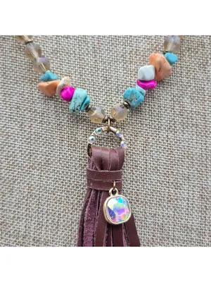 Handmade Bohemian Style Beaded Necklace Colorful Stone & Brown Leather Tassel Pendant 32" thumbnail 9