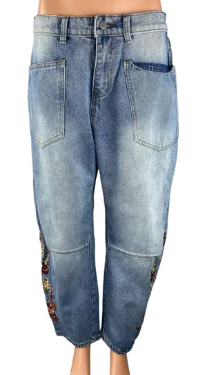 Women's Blue High Waisted Floral Embroidered Welt Pocket Barrel Denim Jeans Sz L thumbnail 1