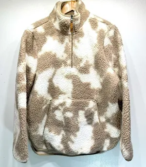 LIV Outdoor Aisley Tan & Cream Cow Print Sherpa Half Zip Pullover Pockets Size L thumbnail 1