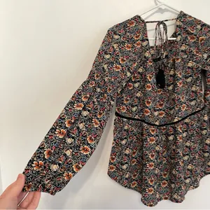 KNOX ROSE Smocked Floral Tie Back Top Black Etc Boho Long Sleeve Peasant Blouse thumbnail 16