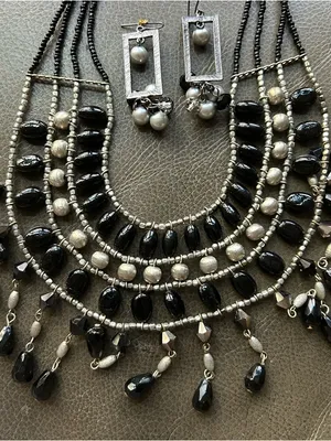 Black Beaded Statement Necklace and Earrings Set - Elegant Women's Jewelry thumbnail 3