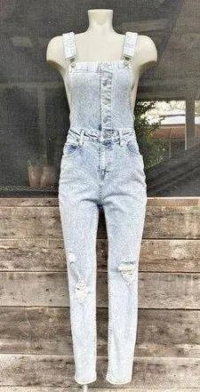 No Boundaries Vintage Y2K Stretch Denim Distressed Button Up Bib Overalls~S~ thumbnail 1