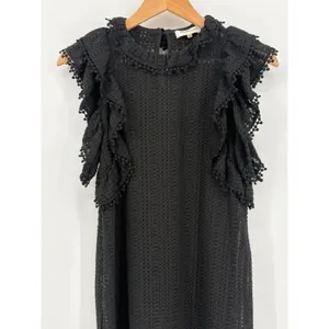 Sugar + Lips‎ Eyelet Ruffle Mini Dress Womens Small Black Pom Pom Trim STD10938 thumbnail 4