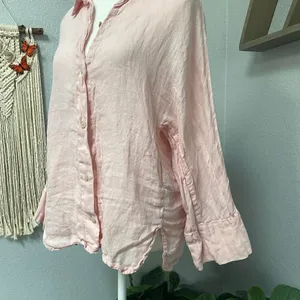 Zara Pink Button Down Shirt Collared Long Sleeve Front Slit Hem 100% Linen thumbnail 3