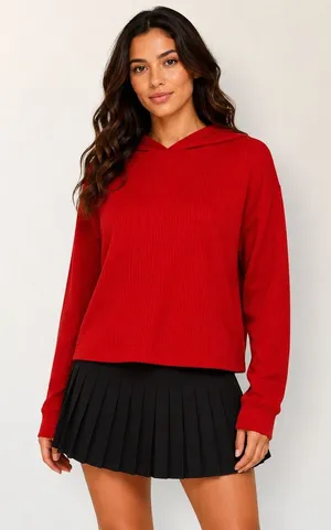 NWT EleVen Venus Williams M Red Ribbed Cotton Tennis Golf Performance Hoodie Top thumbnail 1