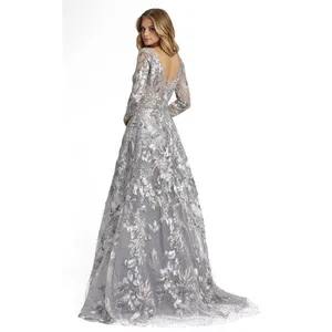 MAC DUGGAL 20214 LONG SLEEVE BEADED APPLIQUE GREY MULTI GOWN Size 6 Dress thumbnail 3