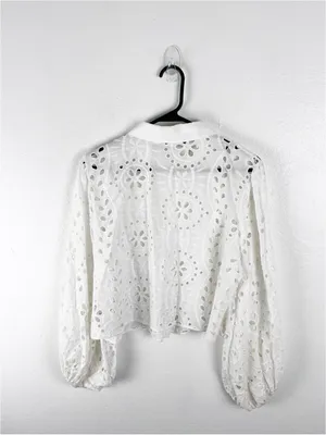 ZARA 100% Cotton White Eyelet Button Long Puff Sleeves Crop Top XL Boho Neutral thumbnail 2
