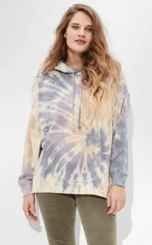 American Eagle Women Tie Dye Oversized Hoodie Purple Tan Side Slit Sweatshirt XS thumbnail 1