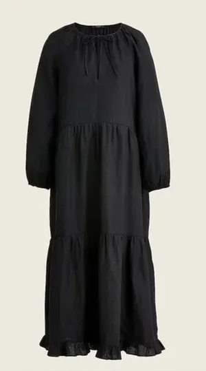 J. Crew Long-Sleeve Tiered Midi Dress 100% Linen Black Small/Medium thumbnail 1