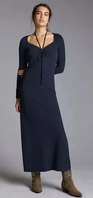 Anthropologie Tie-Front Charcoal‎ Gray Side Slit Long Sleeve Midi Dress thumbnail 1