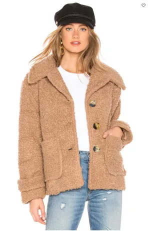 Free People Brown Sherpa Button Front Peacoat Cozy Textured Jacket Women Sz S thumbnail 1