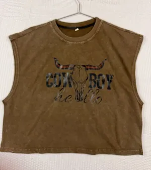 Cowboy Hello Bull Skull Graphic Sleeveless Tee Brown Mineral Wash Small thumbnail 1