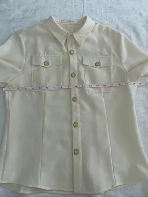 AMII Ivory Textured Short Sleeve Button Down Shirt Gold Buttons M thumbnail 12
