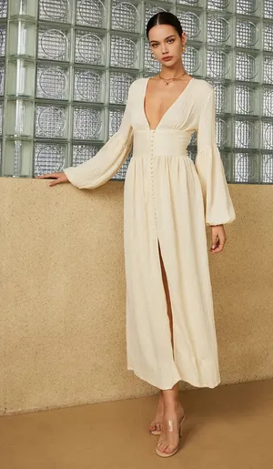 Commence Boho Lantern Sleeve Button-Front Long Split Dress Romantic Medium NWT thumbnail 1
