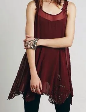 Free People Beaded Maroon Chiffon Sheer Tunic Dress thumbnail 1