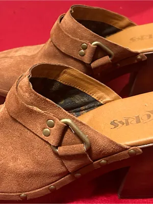 Mules by Korks Suede Tan Clog w/Buckle & Stud Trim thumbnail 2