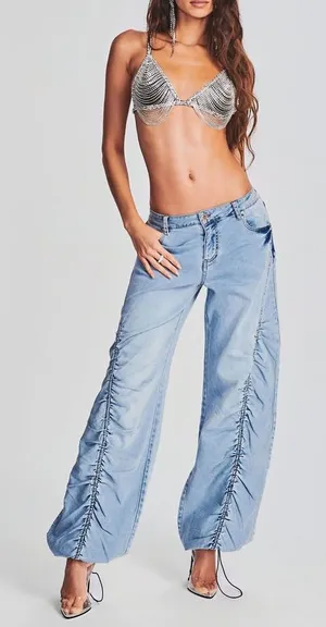Retrofete Women’s Giselli Low Rise Ruched Wide Leg Jeans Vintage Celeste Wash 27 thumbnail 1