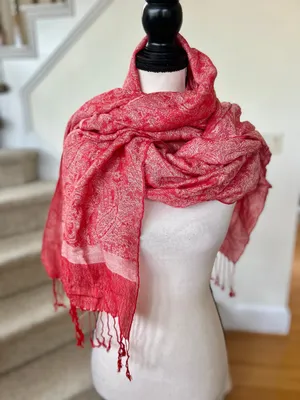 Red & White Paisley Fringe Pashmina Cashmere & Silk Scarf Shawl thumbnail 1