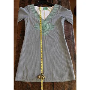 Judith March Blue and White Pinstriped Dress Mint Green Embroidery Size Small thumbnail 10