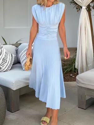Zara ruched pleated knit Light Blue Midi Dress, stretchy thumbnail 2