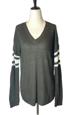 Pink Rose Olive Green V Neckline Striped‎ Sleeve Knit Pullover Sweater Size S thumbnail 1