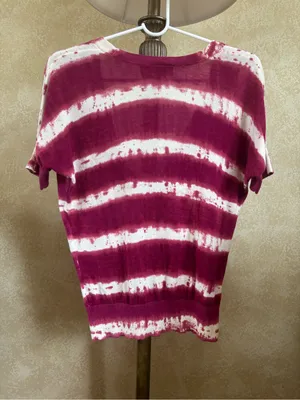 LOFT Light Cotten Short Sleeve Tie-Dye Cardigan Sweater in Pink & White thumbnail 3
