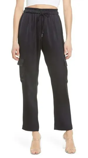 WAYF Harbour Cargo Jogger Pants‎ Black Satin Small High Waist Lightweight thumbnail 1