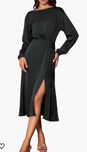 Grace Karin Women's Long Sleeve Satin Wedding Guest Dress with Slit Elegant Boat Neck High thumbnail 1